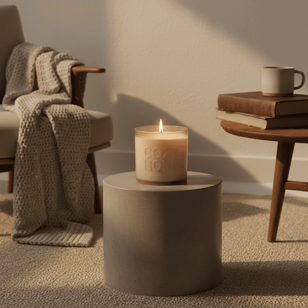 Lit candle creating warm ambiance in luxury minimal interior space