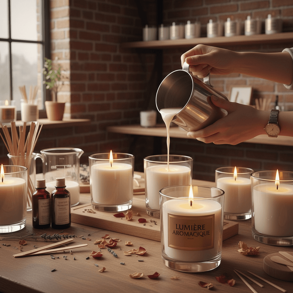 Luxury candles hand-poured with natural wax blend in artisan studio