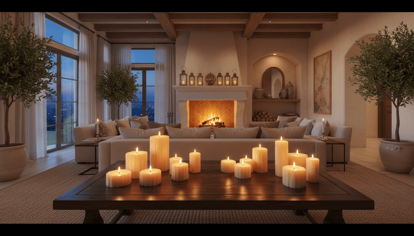 Luxury home setting with elegantly lit handmade candles casting warm glow on minimalist decor