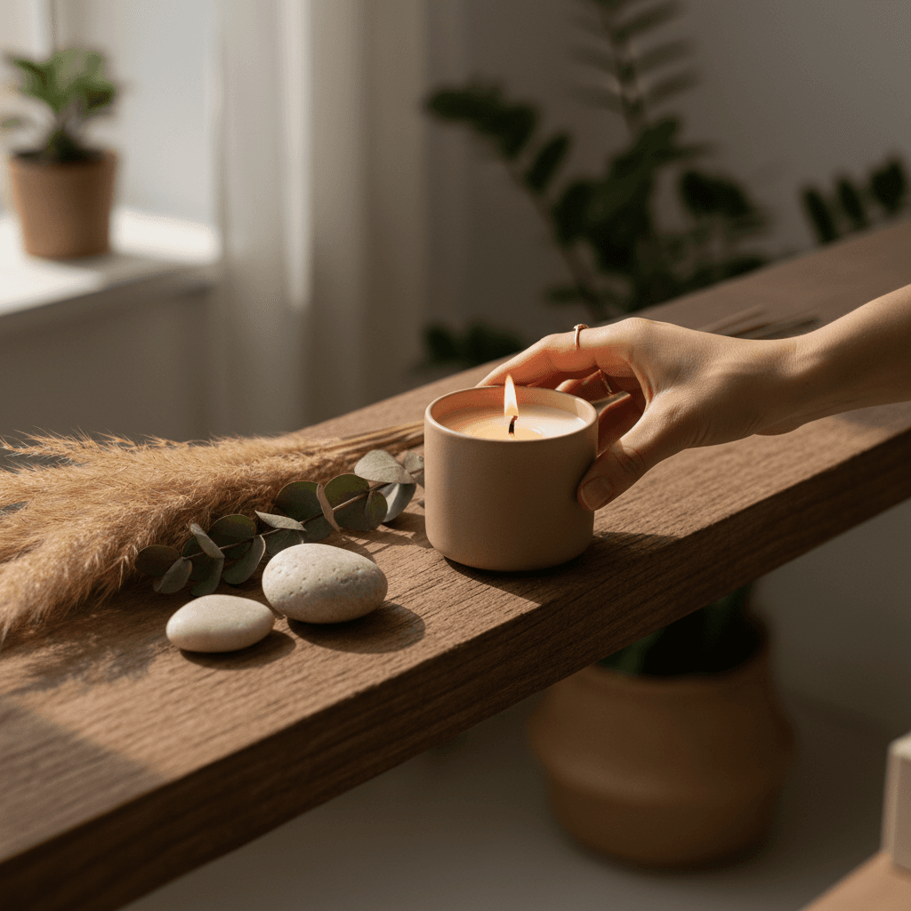 Lit candle in luxury home setting