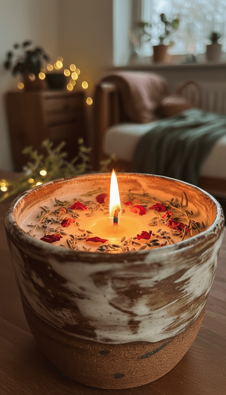 Lit handmade candle creating ambient lighting