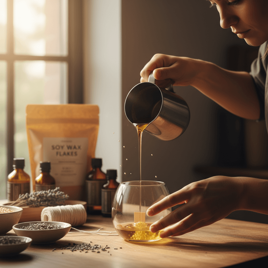 Artisan pouring premium wax in candle studio