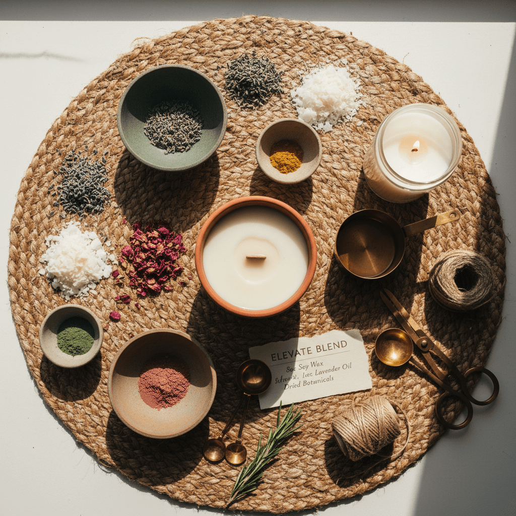 Premium candle-making materials and supplies displayed in minimalist arrangement