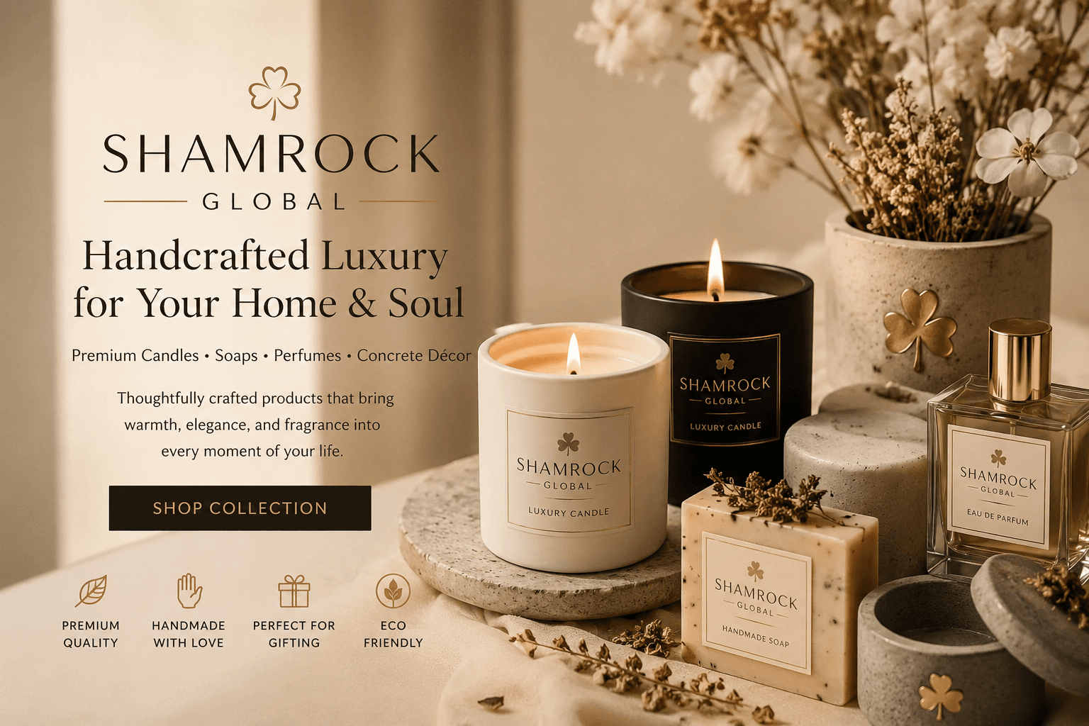 Shamrock Global luxury candles, handmade soap, and perfume elegantly arranged with concrete home decor.