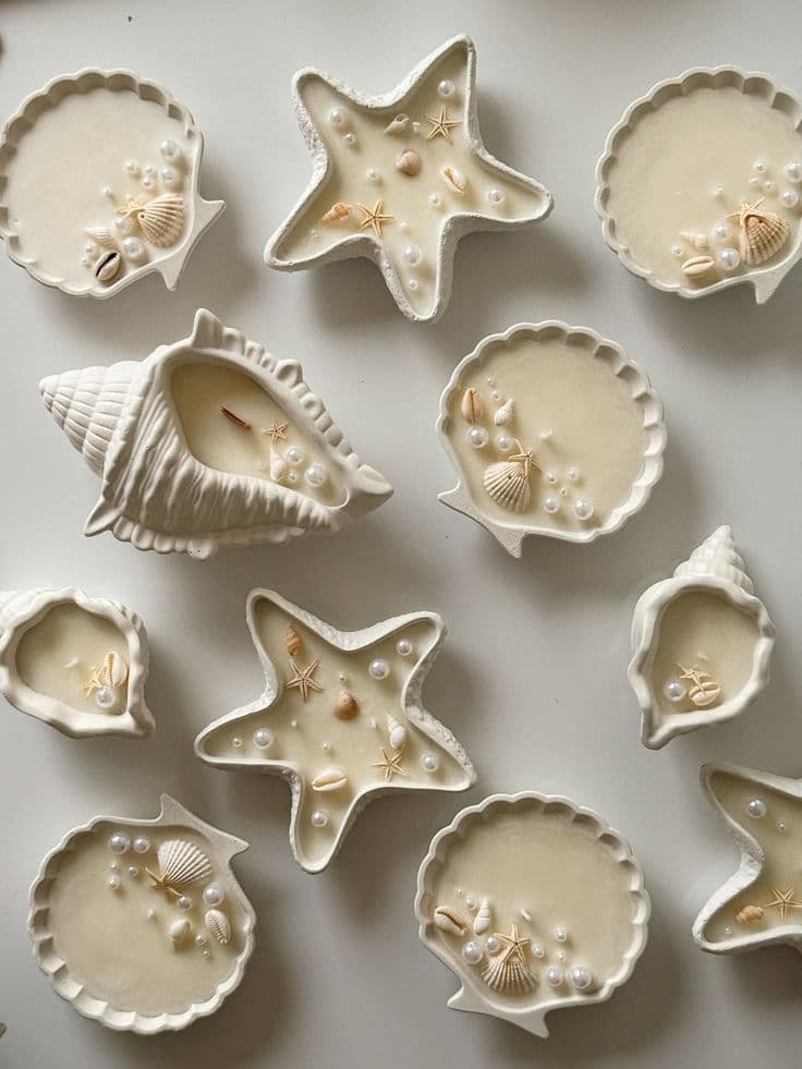 Assorted white candles in starfish and shell shapes, decorated with pearls and tiny seashells.